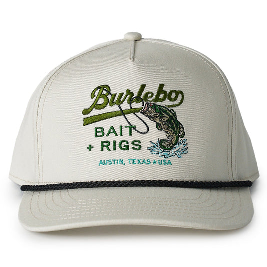 Beige cap with 'BURLEBO Bait + Rigs' logo on a white background