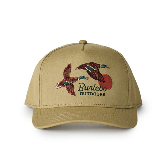 Beige cap with duck design and 'Burlebo Outdoors' text on a white background