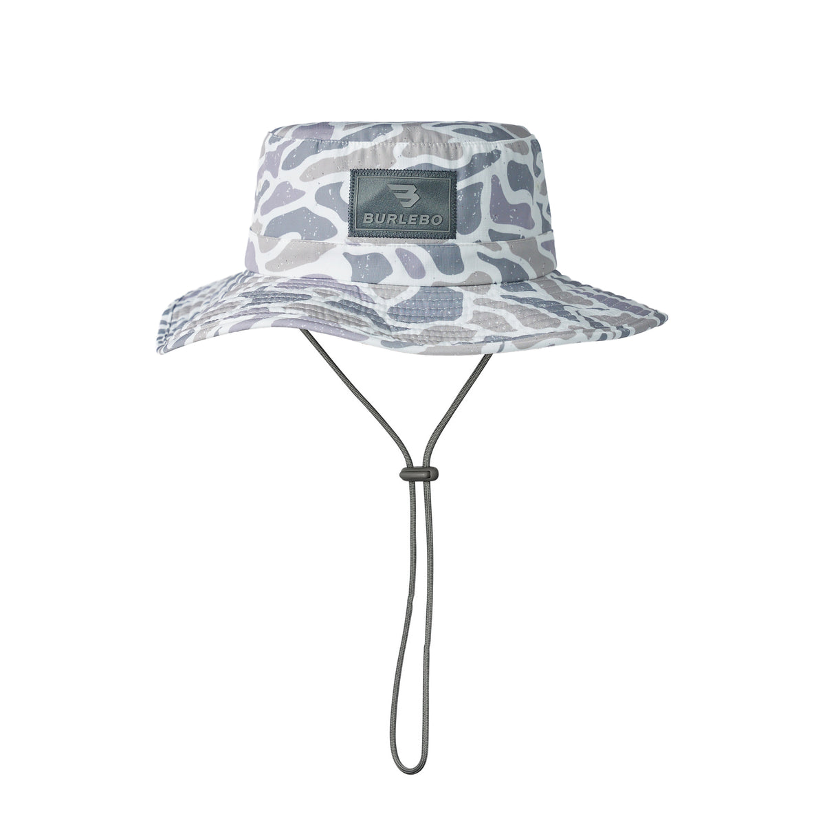 Bucket hat with camouflage pattern and brand logo on a white background