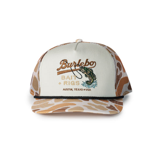 Trucker hat with Burdeco Bait Rigs logo on a white background