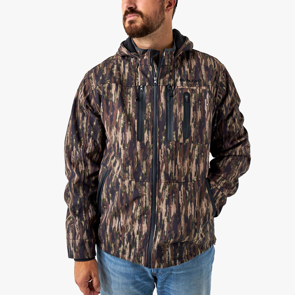 Man wearing a camouflage jacket on a white background
