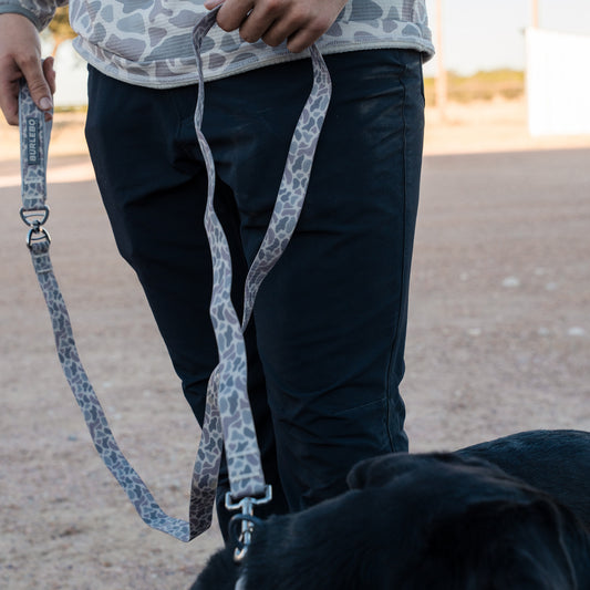 Person holding a patterned dog leash on a blurred outdoor background