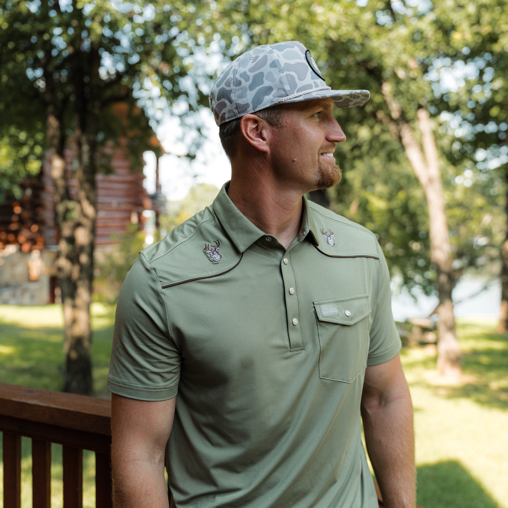 Pearl Snap Performance Polo - Whitetail Deer - Green – BURLEBO