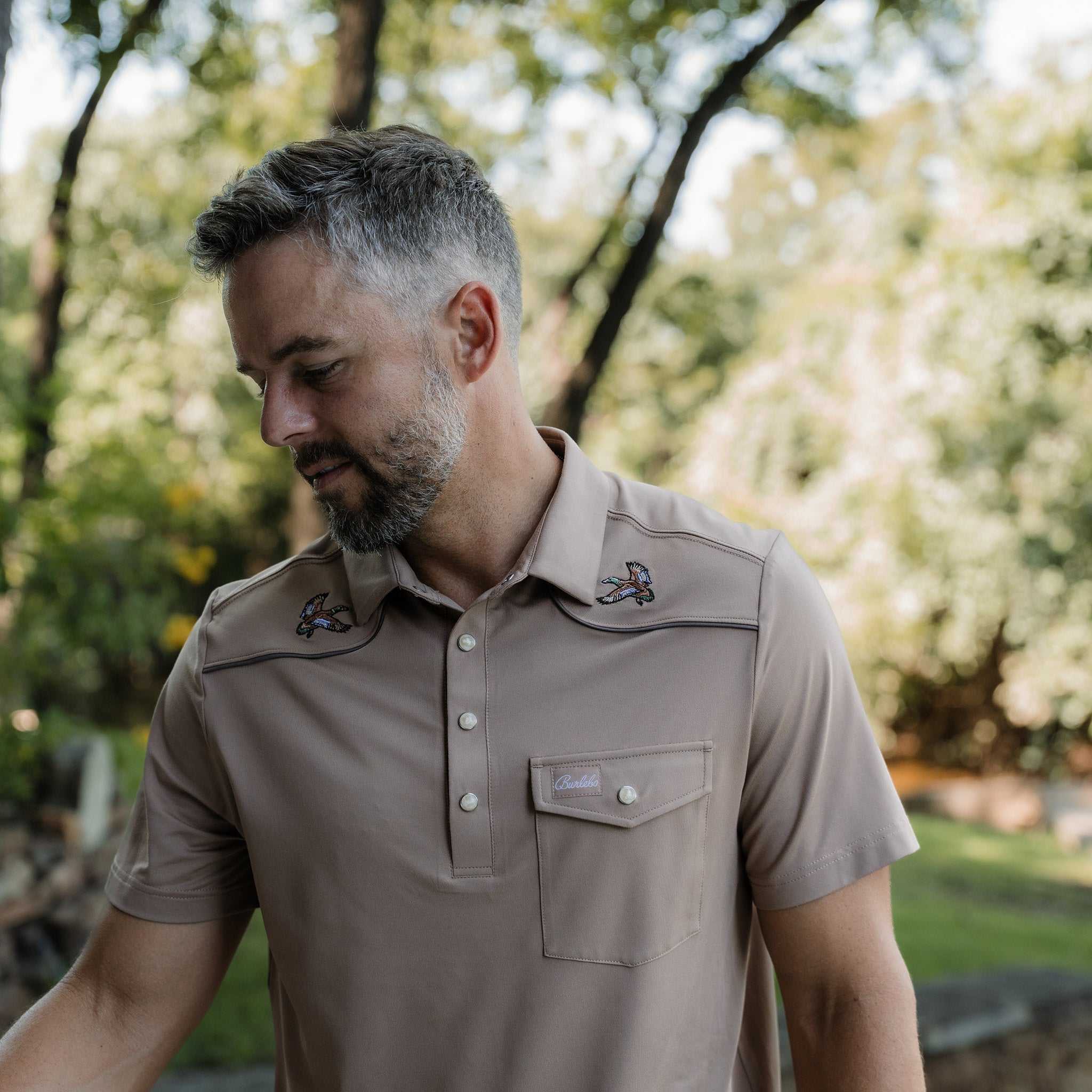 Pearl Snap Performance Polo - Mallards - Khaki – BURLEBO