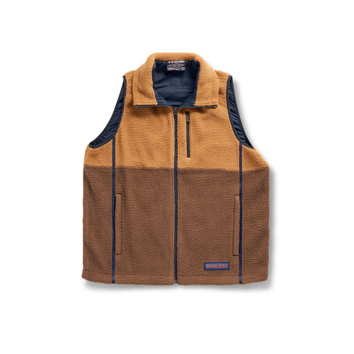 Flat lay front of the Multi Brown Montana Vest, tan top and brown bottom with navy lining and zipper trim