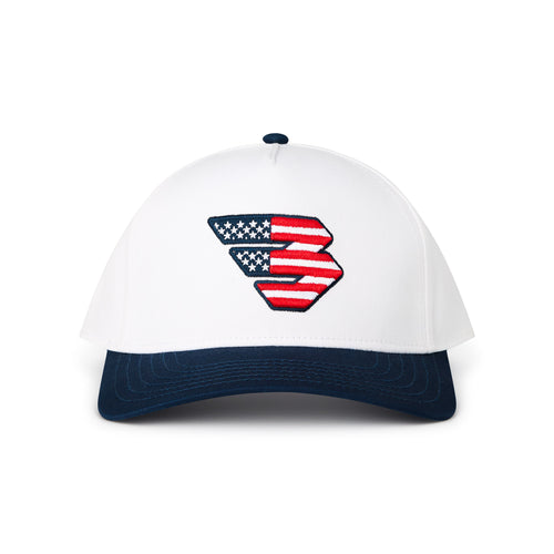 Front of the Patriotic Flying B Logo Cap, white crown with navy brim and an embroidered stars and stripes Flying B