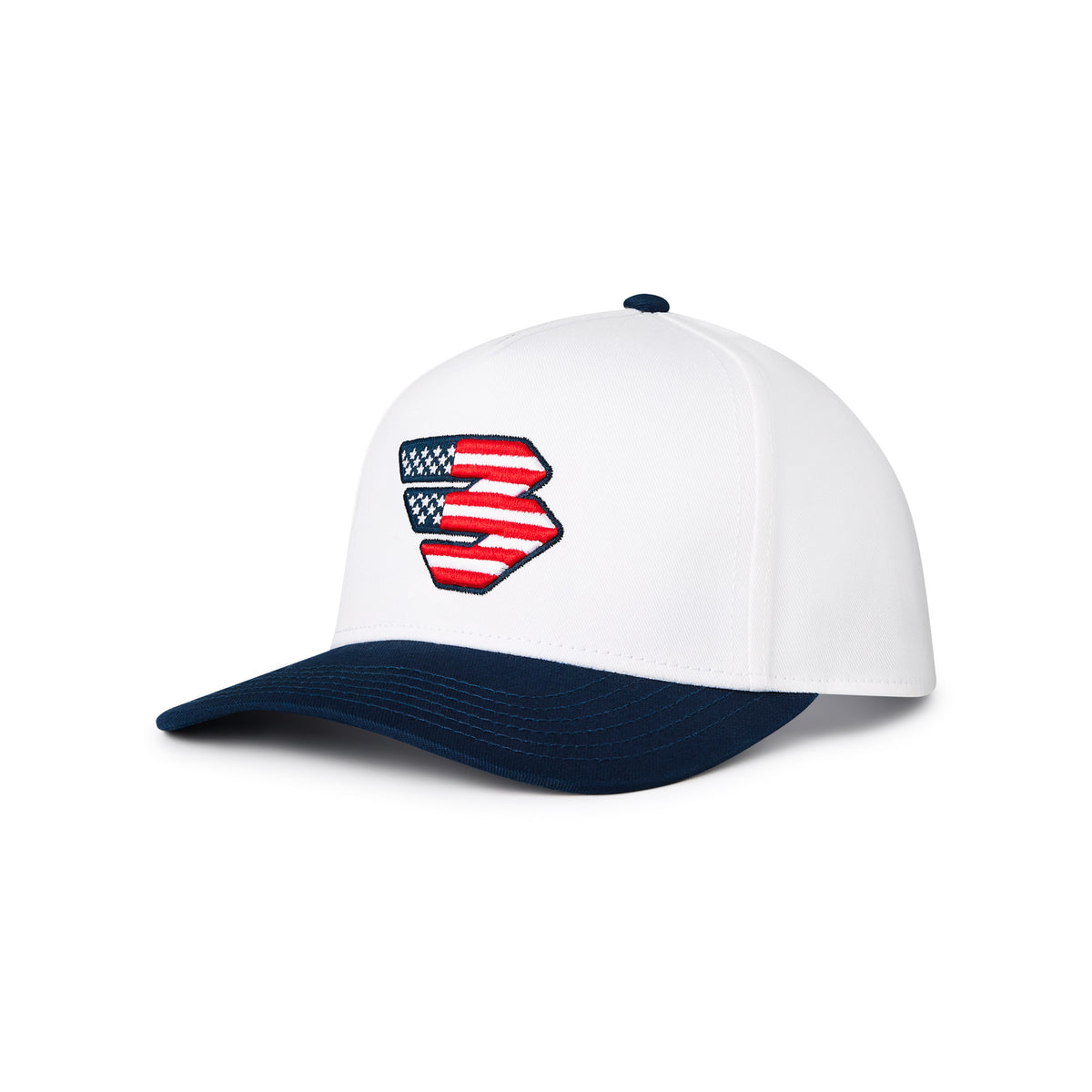 Angled side view of the Patriotic Flying B Logo Cap showing the white crown and navy brim
