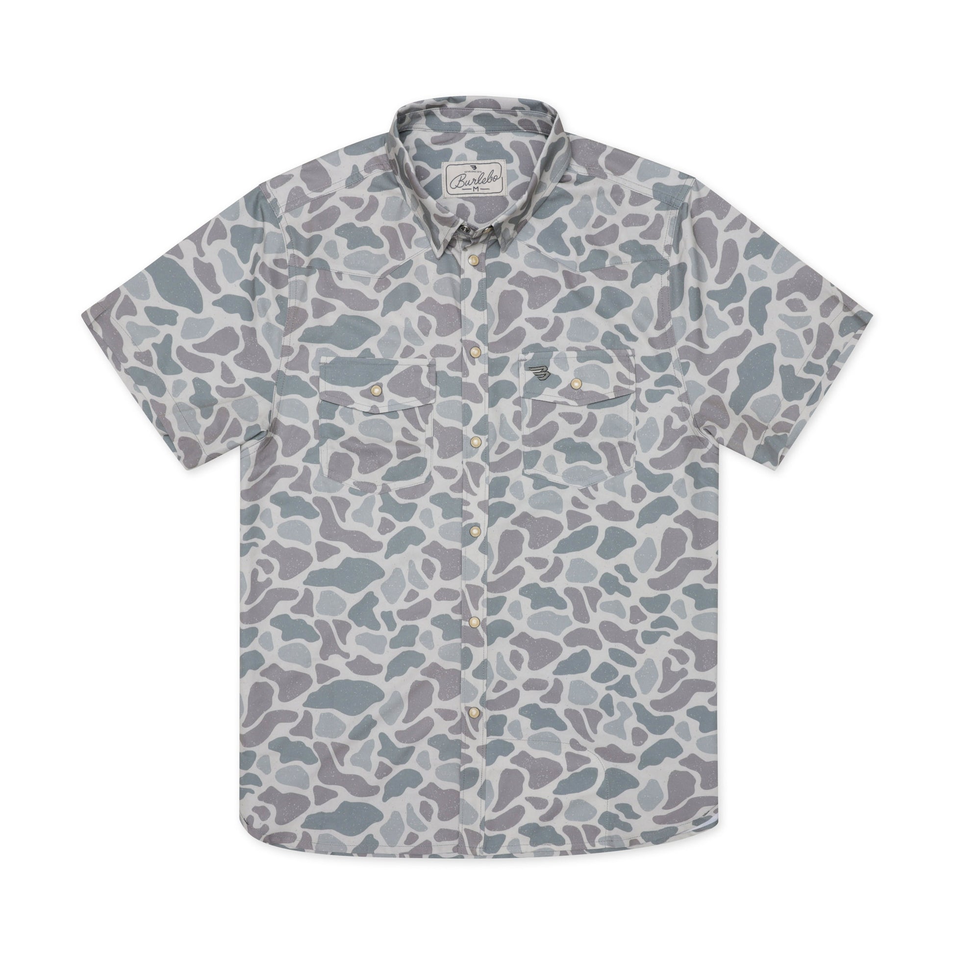 Short-sleeve shirt with a gray and blue pattern on a white background