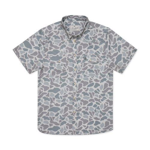 Short-sleeve shirt with a gray and blue pattern on a white background