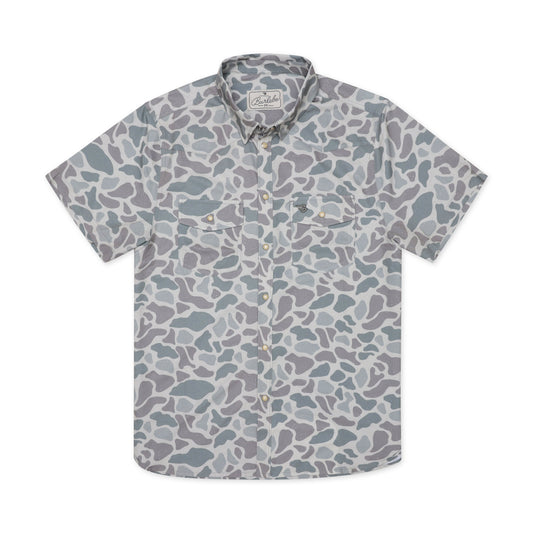 Short-sleeve shirt with a gray and blue pattern on a white background