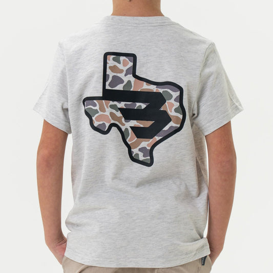 Youth Short Sleeve Tee - Texas Camo Flying B Logo - Heather Ash Grey
