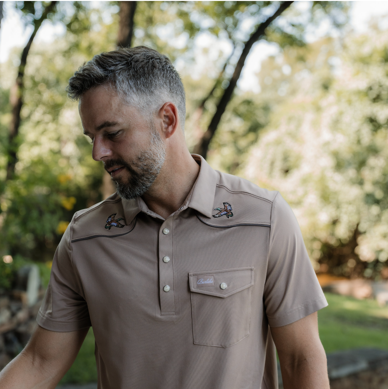 Pearl Snap Performance Polo - Mallards - Khaki – BURLEBO