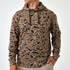 Man wearing the Gauge Camo Thermal Hoodie, front view with black drawstrings