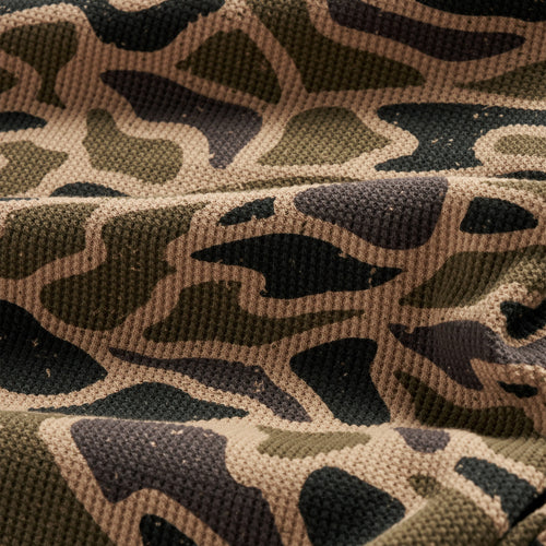 Detail of the Gauge Camo Thermal Hoodie waffle knit fabric in brown and black camo