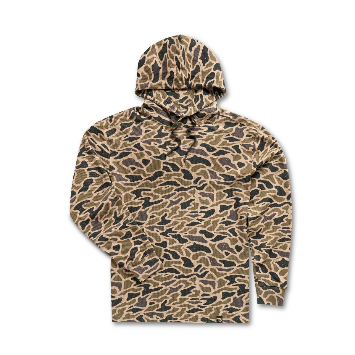 Flat lay of the Gauge Camo Thermal Hoodie on a white background