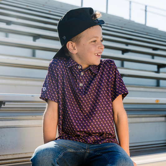 Youth Performance Polo - Vintage Helmets - Purple and Yellow