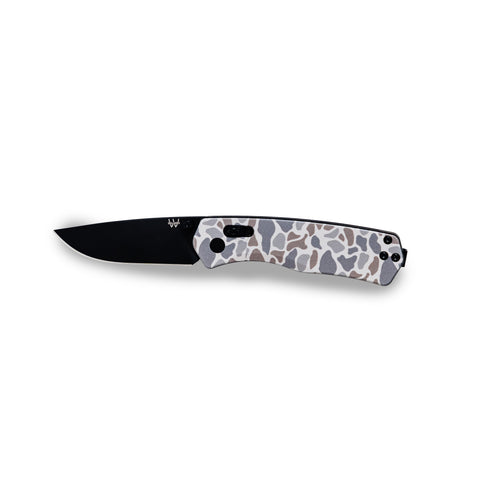 Reverse side of the open Williams Knife Co Classic Deer Camo Everyday Carry Knife with black blade