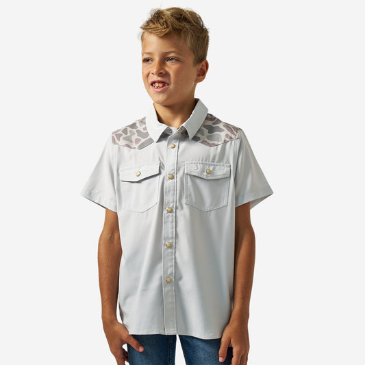 Youth Performance Western Shirt - Bird SZN - Light Grey & Classic Deer Camo