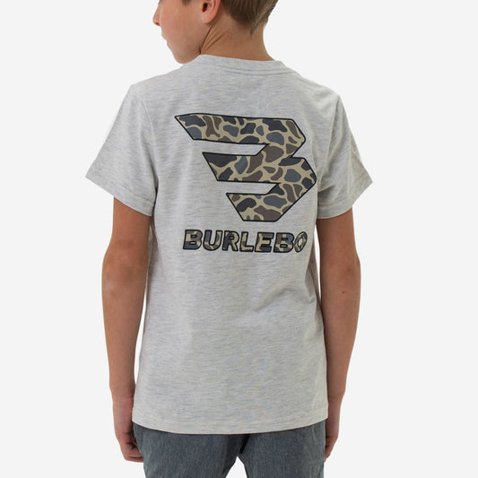 Youth Short Sleeve Tee - Flying B Classic Deer Camo Logo - Ash Grey