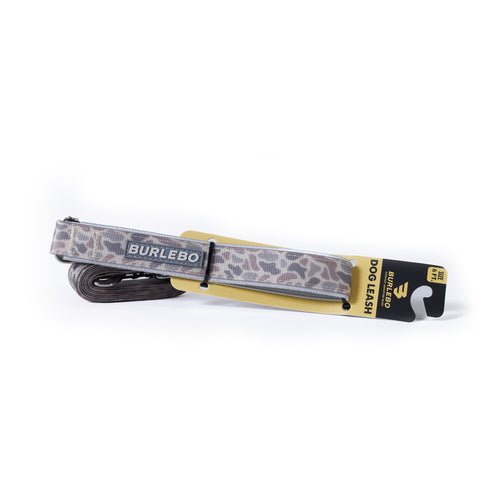 Dog leash with camouflage pattern and Burlebo branding on a white background