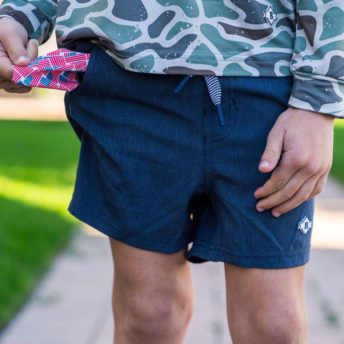 Youth Athletic Short - Heather Navy - American Flag Liner - BURLEBO